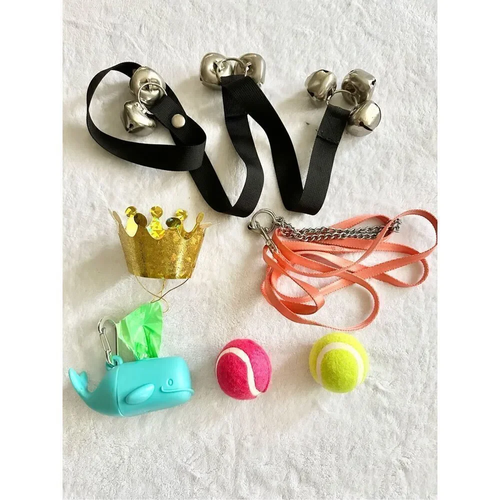Doggy supplies - dog bells for potty training, peach, color leash, tennis balls,